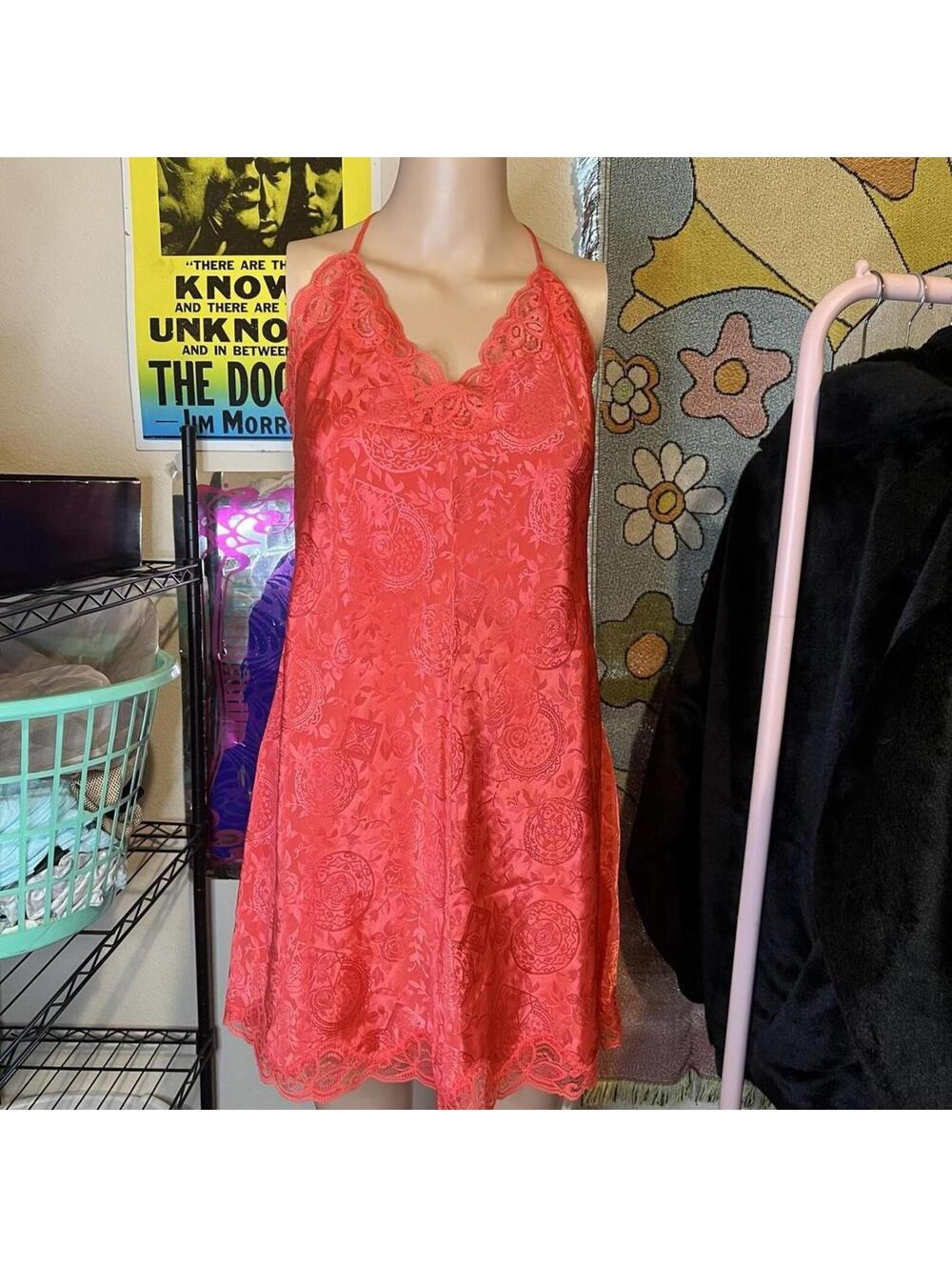 Victorias Secret Gold Label Red Lace Trim Slip Dress